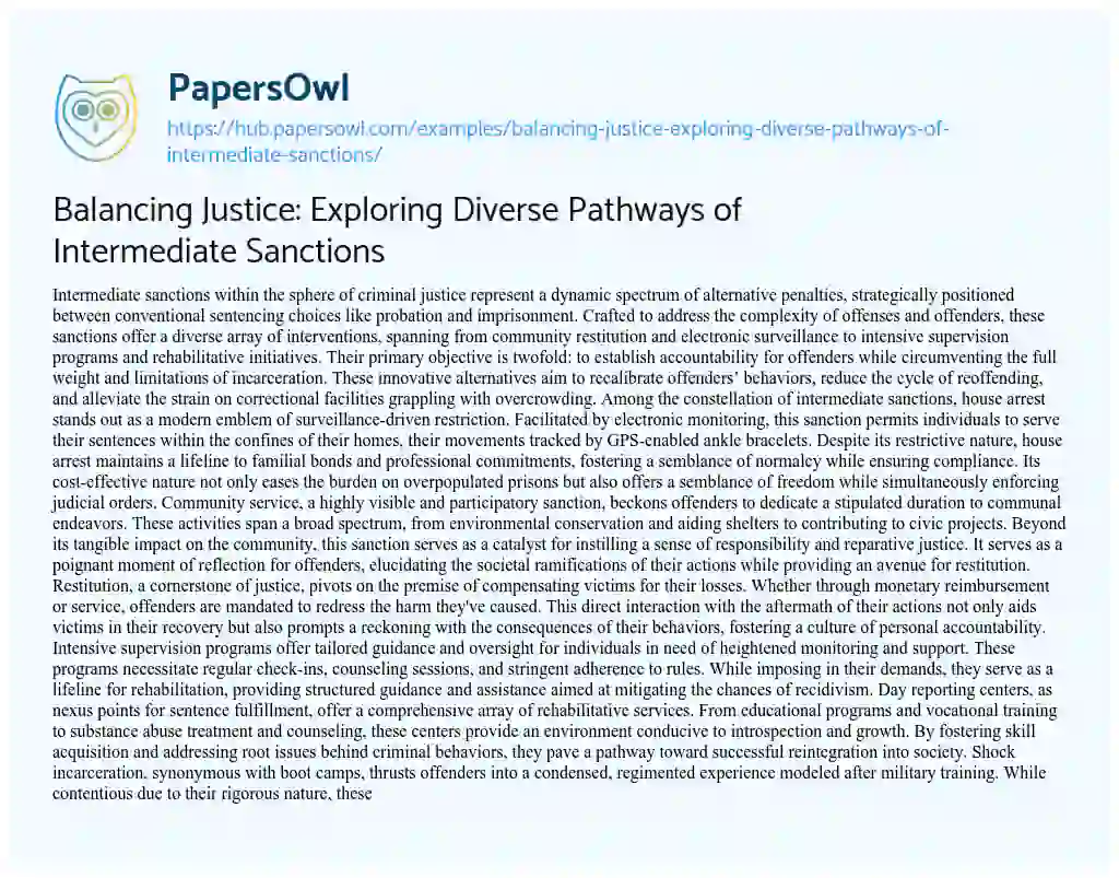 Essay on Balancing Justice: Exploring Diverse Pathways of Intermediate Sanctions