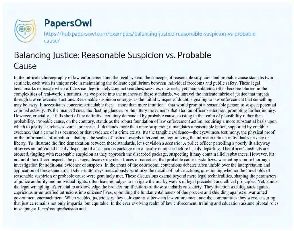 Essay on Balancing Justice: Reasonable Suspicion vs. Probable Cause