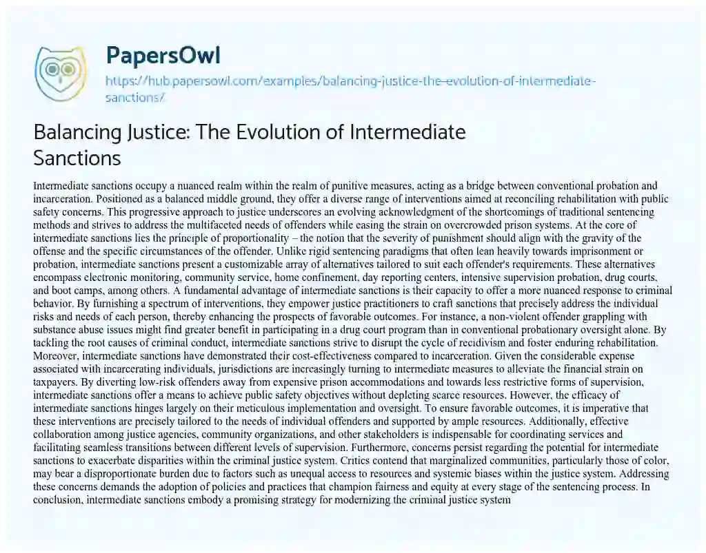 Essay on Balancing Justice: The Evolution of Intermediate Sanctions