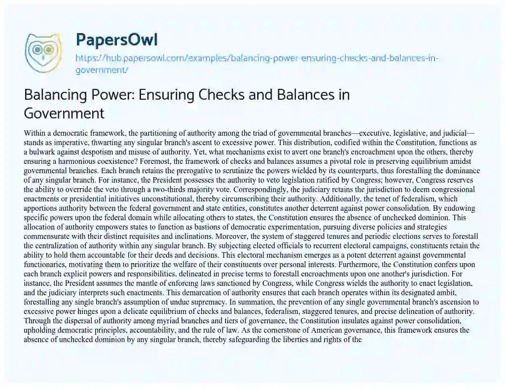 Essay on Balancing Power: Ensuring Checks and Balances in Government