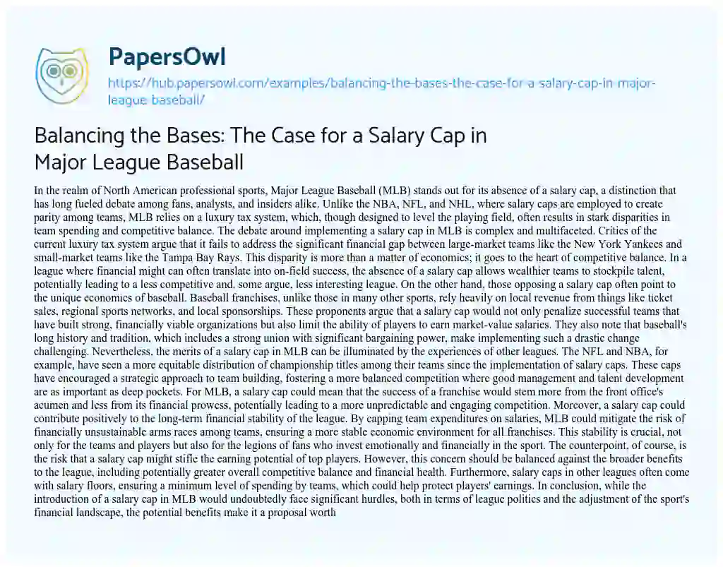 Essay on Balancing the Bases: The Case for a Salary Cap in Major League Baseball