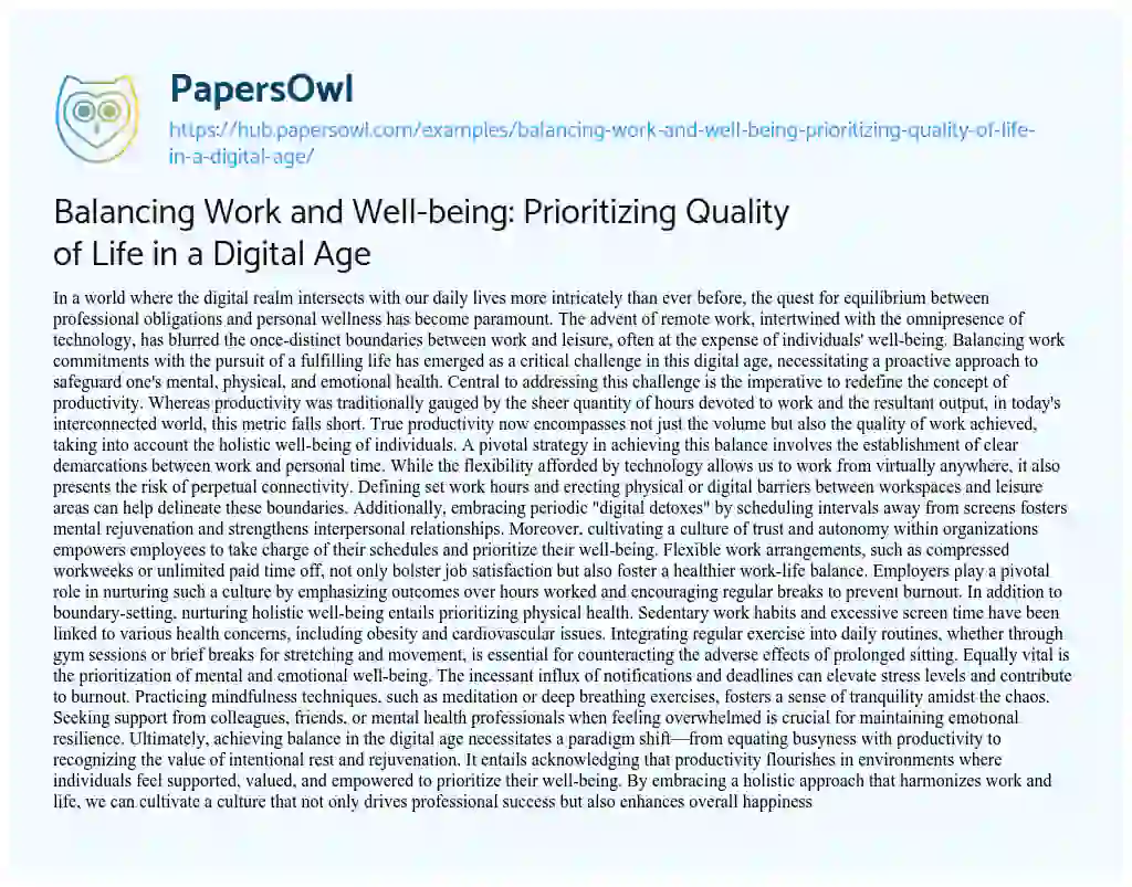 Essay on Balancing Work and Well-being: Prioritizing Quality of Life in a Digital Age