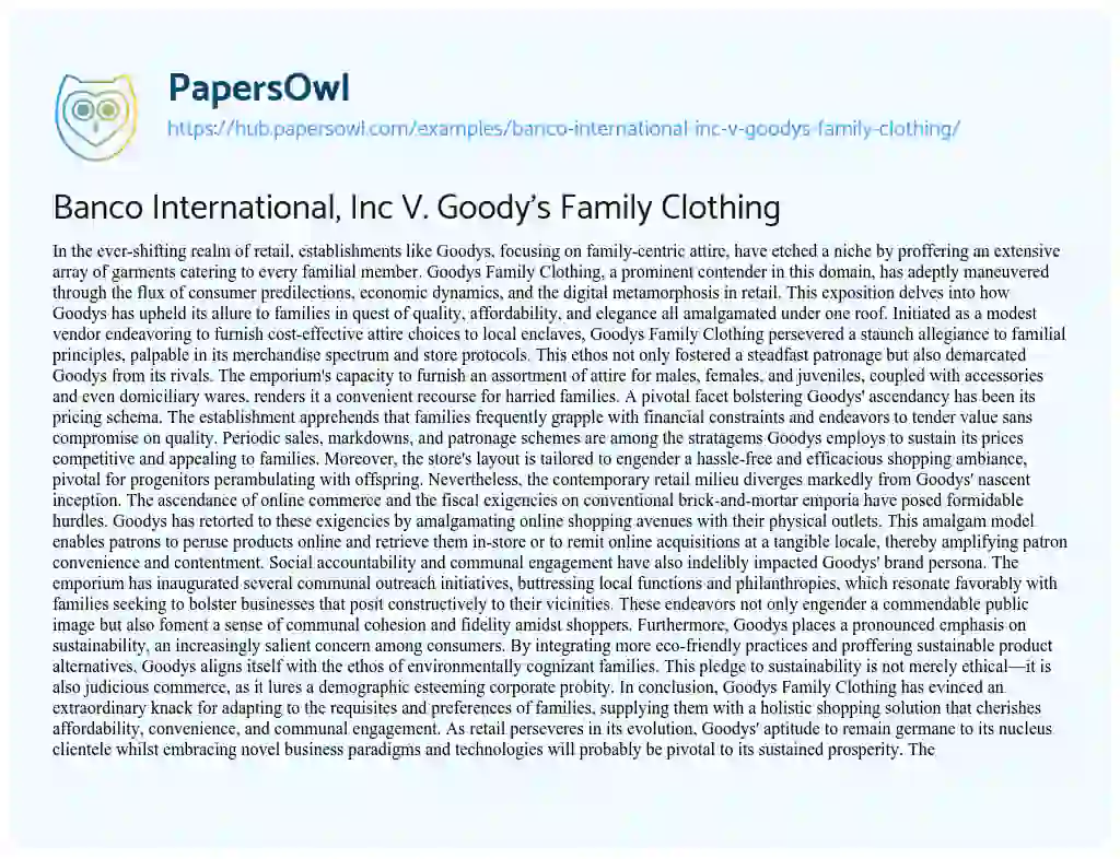 Essay on Banco International, Inc V. Goody’s Family Clothing
