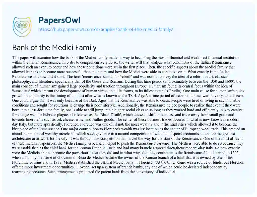 Essay on Bank of the Medici Family