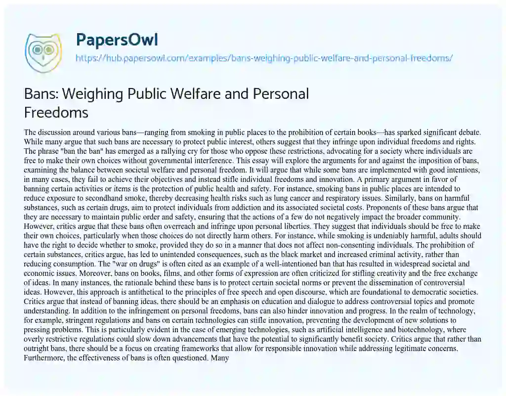 Essay on Bans: Weighing Public Welfare and Personal Freedoms