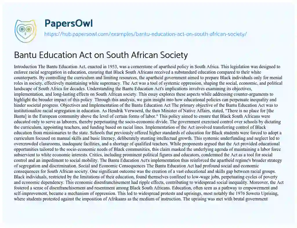 Essay on Bantu Education Act on South African Society
