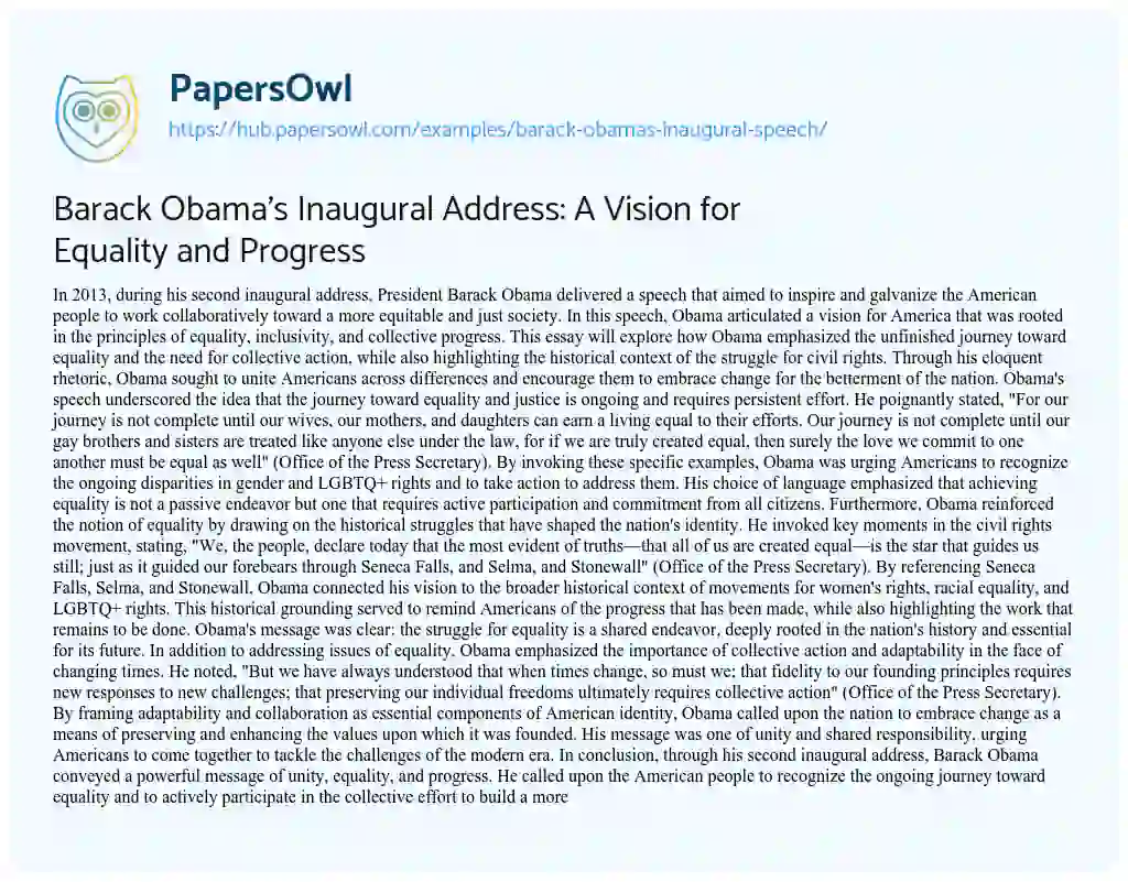 Essay on Barack Obama’s Inaugural Address: A Vision for Equality and Progress
