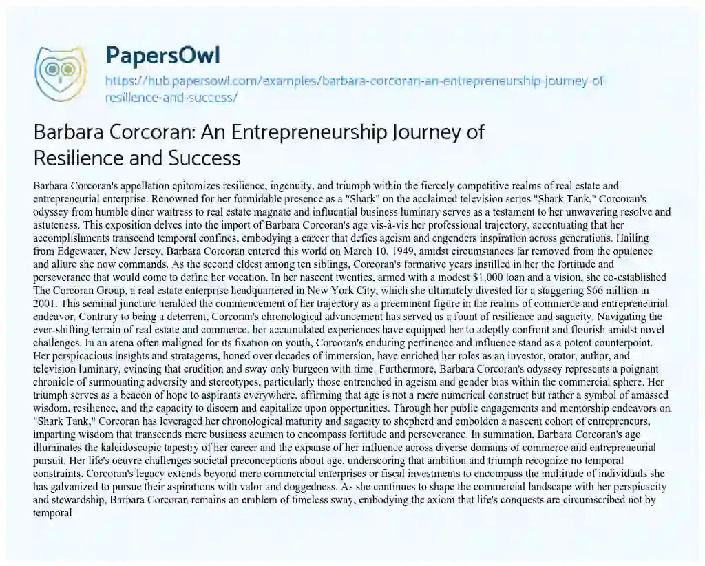 Essay on Barbara Corcoran: An Entrepreneurship Journey of Resilience and Success