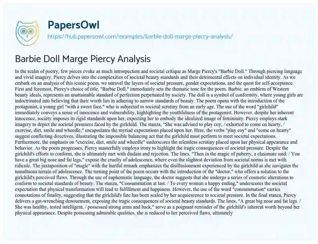Essay on Barbie Doll Marge Piercy Analysis