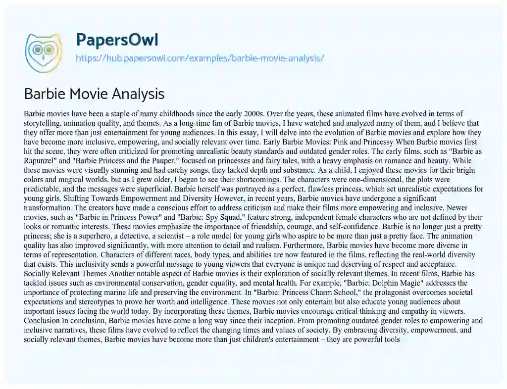Essay on Barbie Movie Analysis