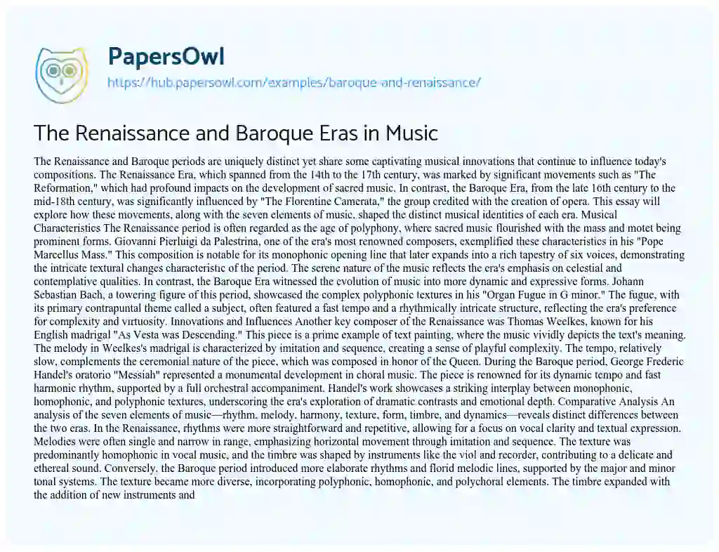 Essay on The Renaissance and Baroque Eras in Music