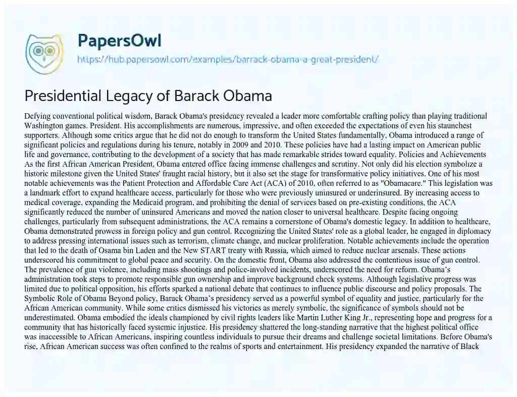 Essay on Presidential Legacy of Barack Obama