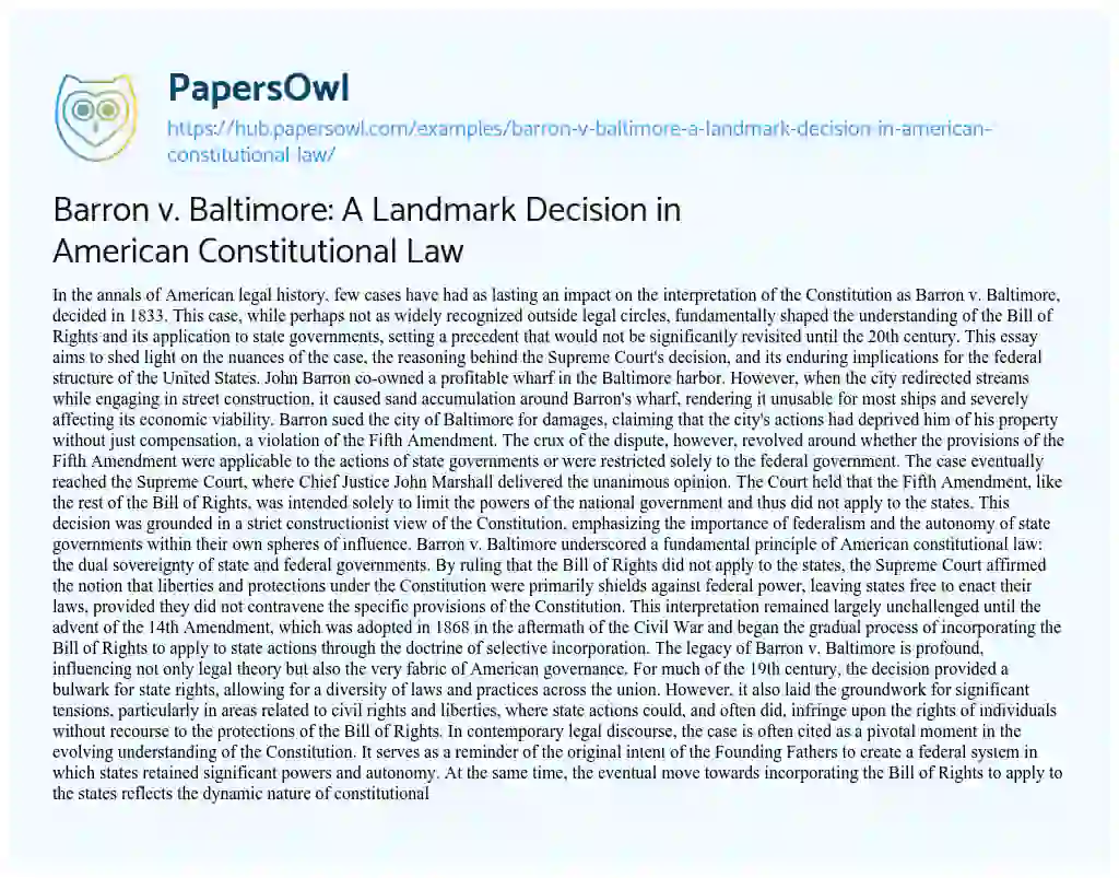 Essay on Barron v. Baltimore: A Landmark Decision in American Constitutional Law