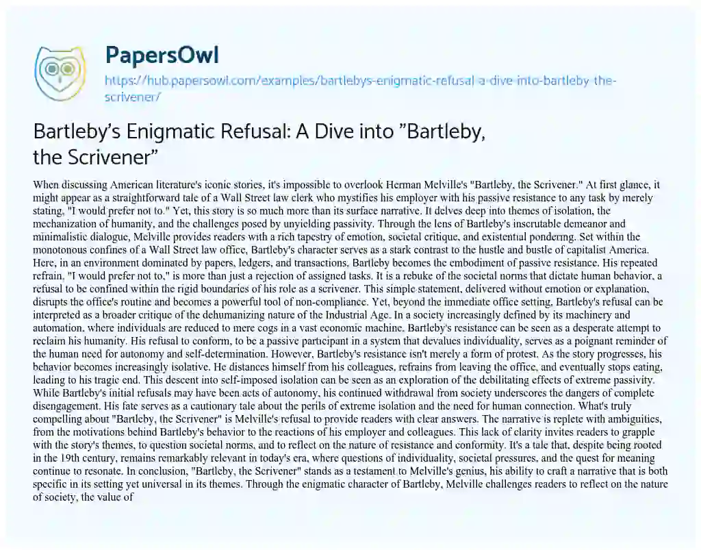 Essay on Bartleby’s Enigmatic Refusal: A Dive into “Bartleby, the Scrivener”