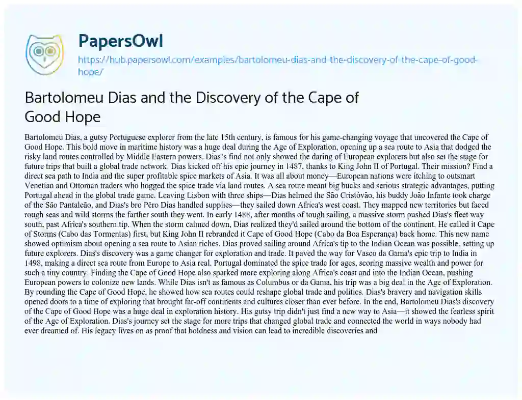 Essay on Bartolomeu Dias and the Discovery of the Cape of Good Hope