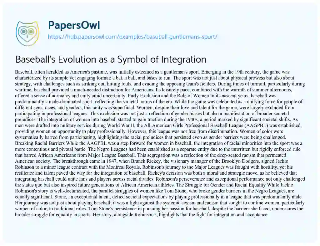 Essay on Baseball’s Evolution as a Symbol of Integration
