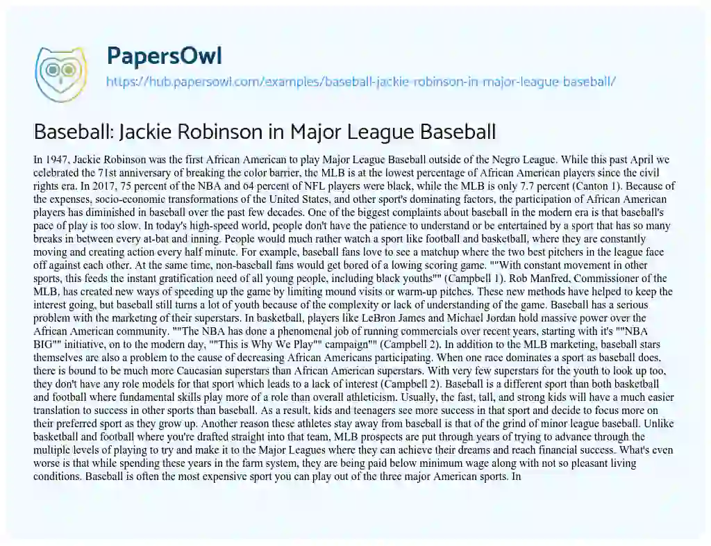 Essay on Baseball: Jackie Robinson in Major League Baseball