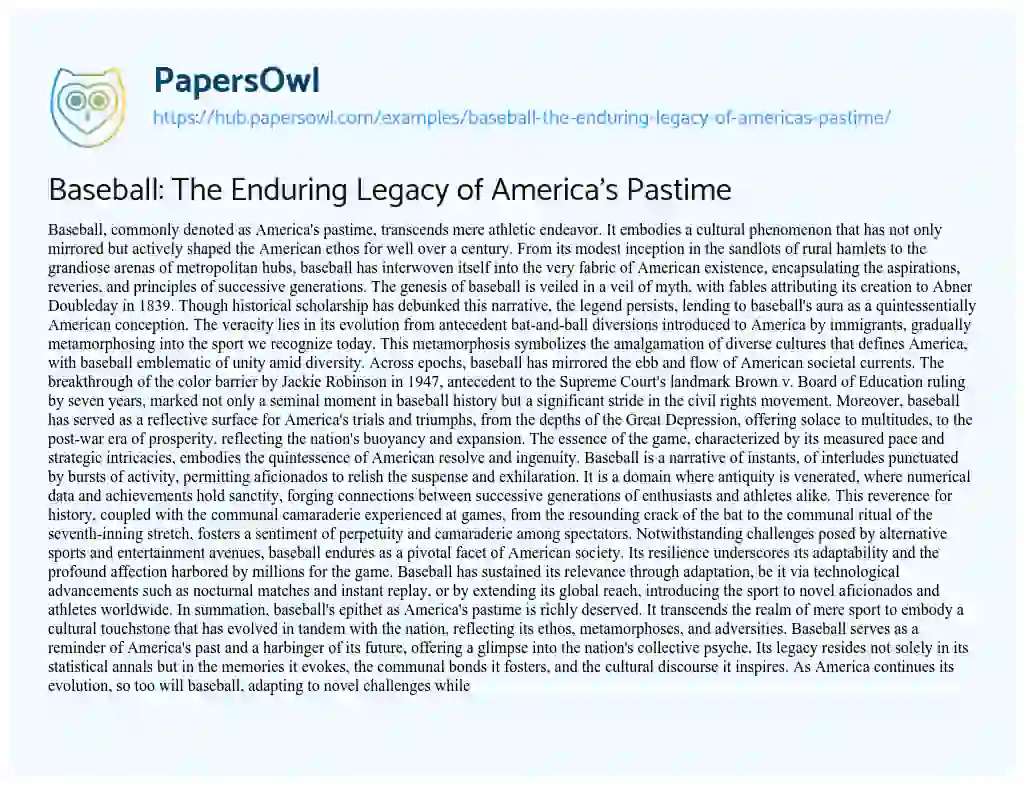 Essay on Baseball: The Enduring Legacy of America’s Pastime