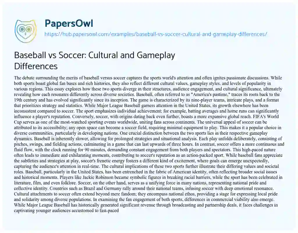 Essay on Baseball vs Soccer: Cultural and Gameplay Differences