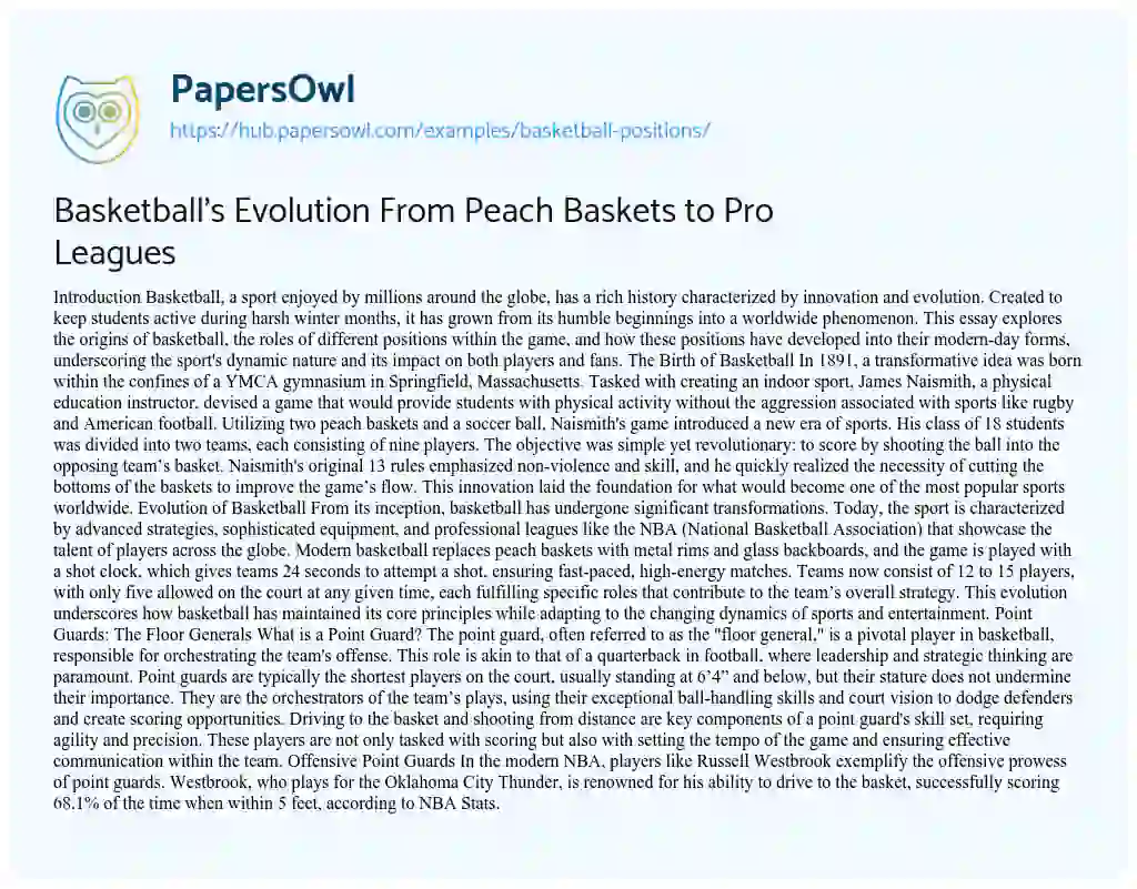 Essay on Basketball’s Evolution From Peach Baskets to Pro Leagues