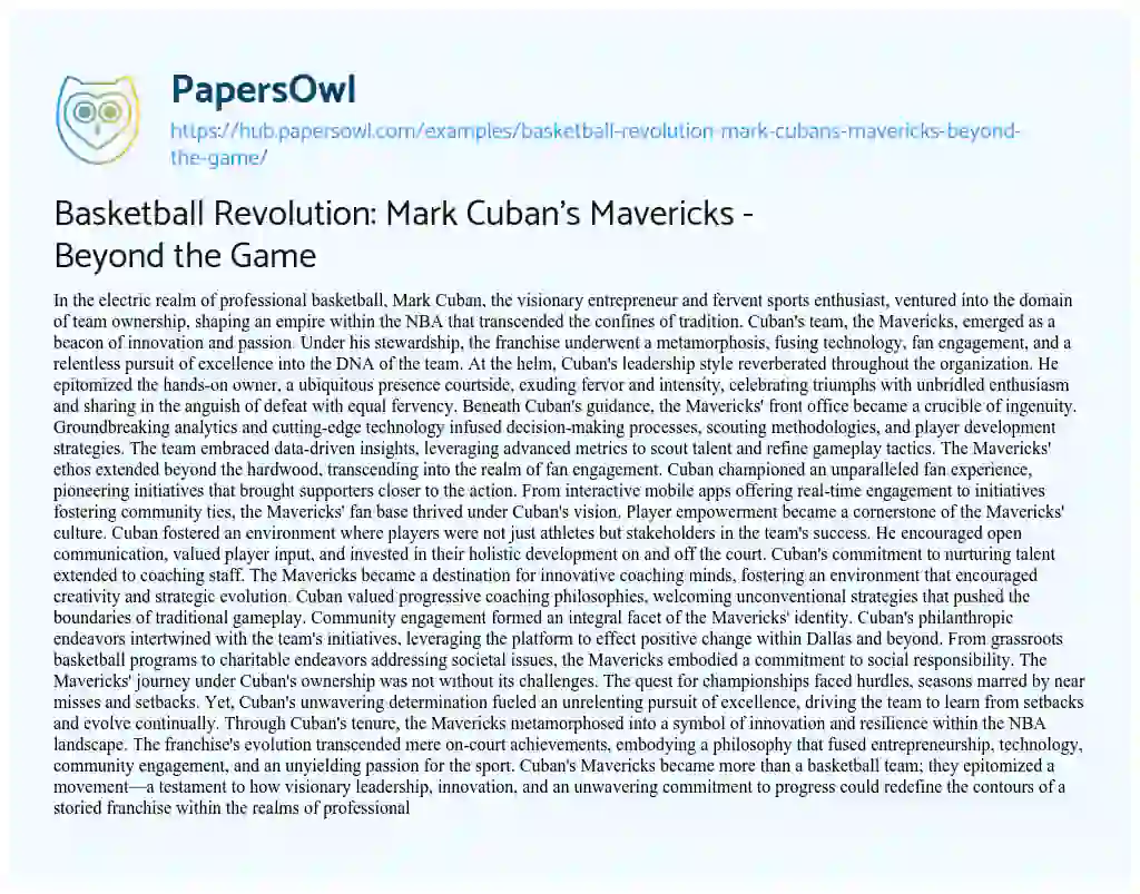 Essay on Basketball Revolution: Mark Cuban’s Mavericks – Beyond the Game
