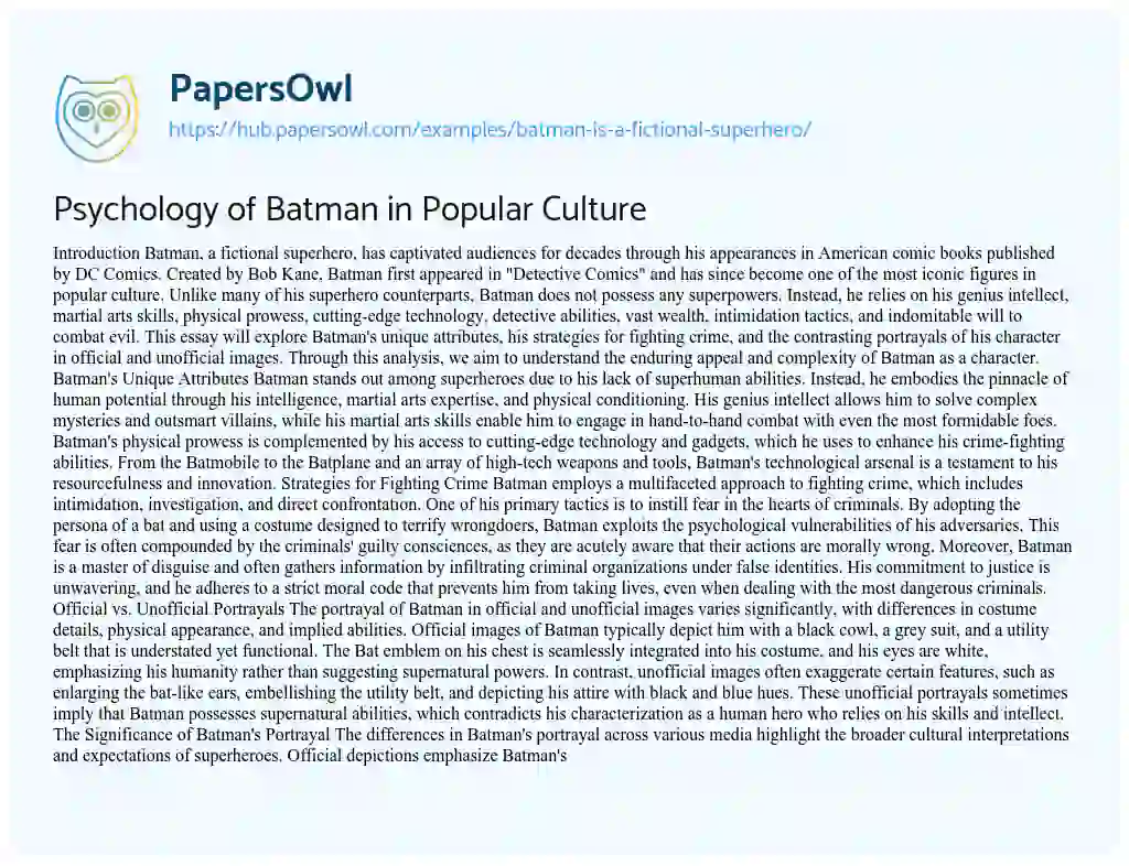 Essay on Psychology of Batman in Popular Culture