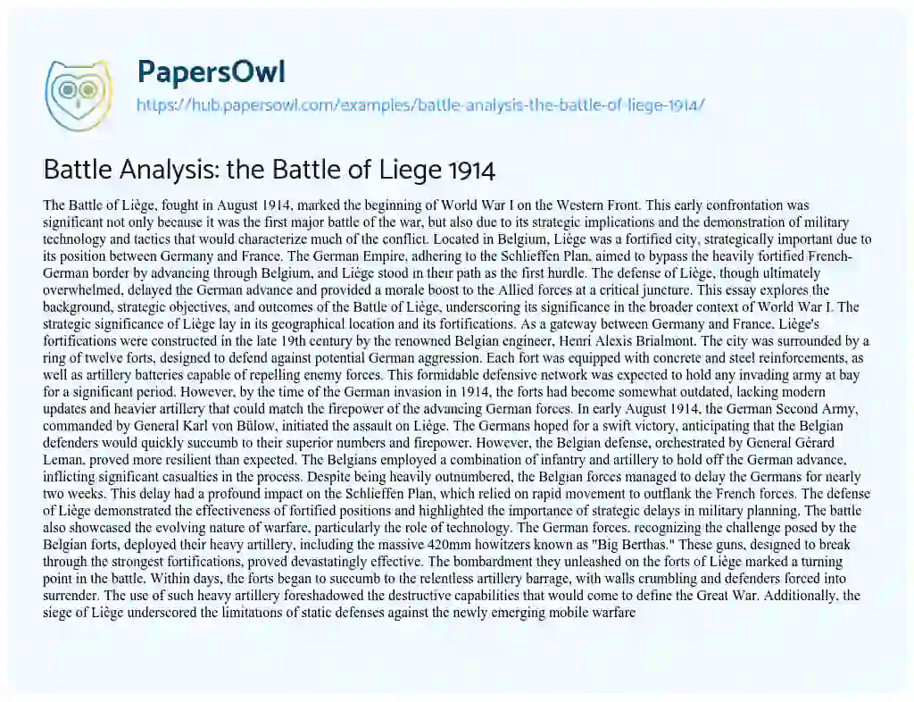 Essay on Battle Analysis: the Battle of Liege 1914