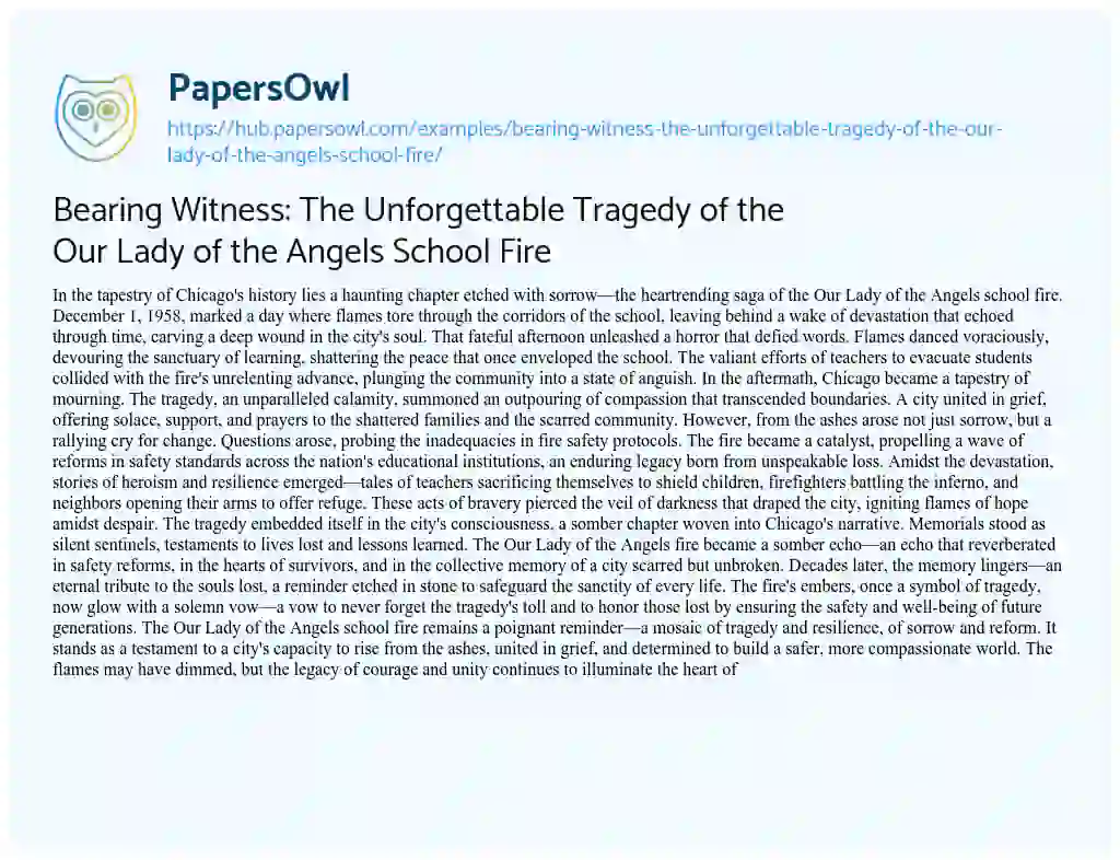 Essay on Bearing Witness: The Unforgettable Tragedy of the Our Lady of the Angels School Fire