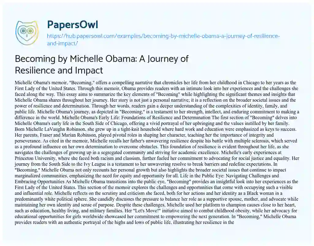 Essay on Becoming by Michelle Obama: A Journey of Resilience and Impact