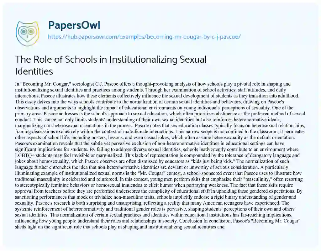 Essay on The Role of Schools in Institutionalizing Sexual Identities