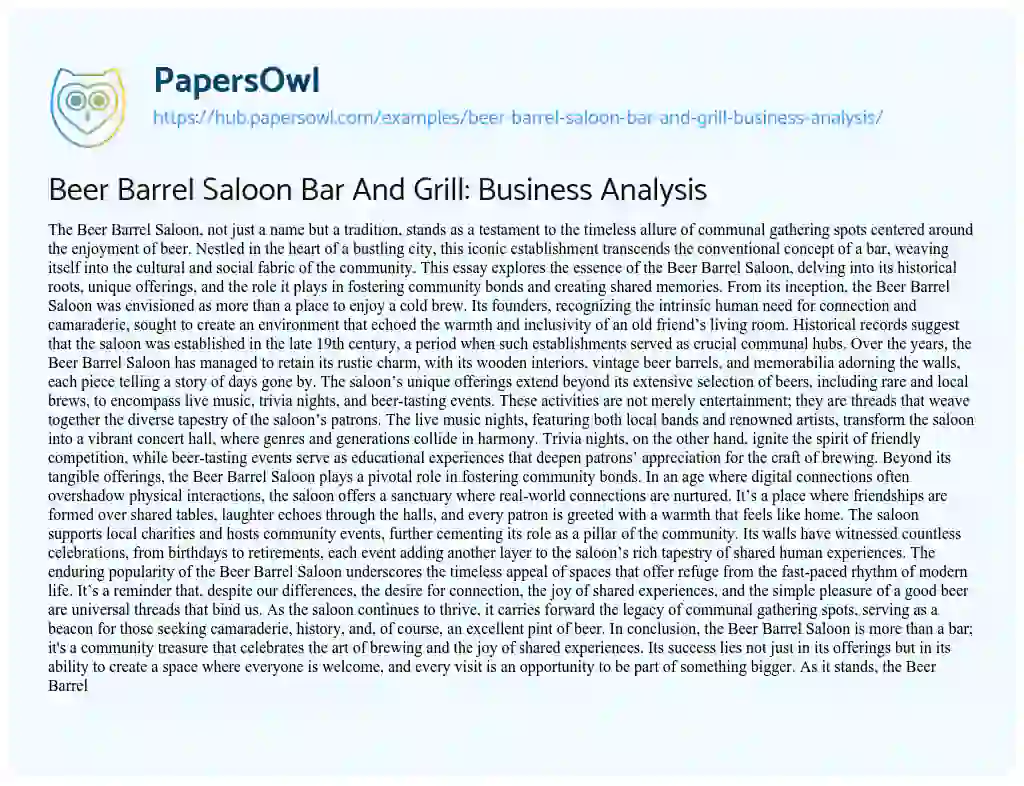 Essay on Beer Barrel Saloon Bar And Grill: Business Analysis