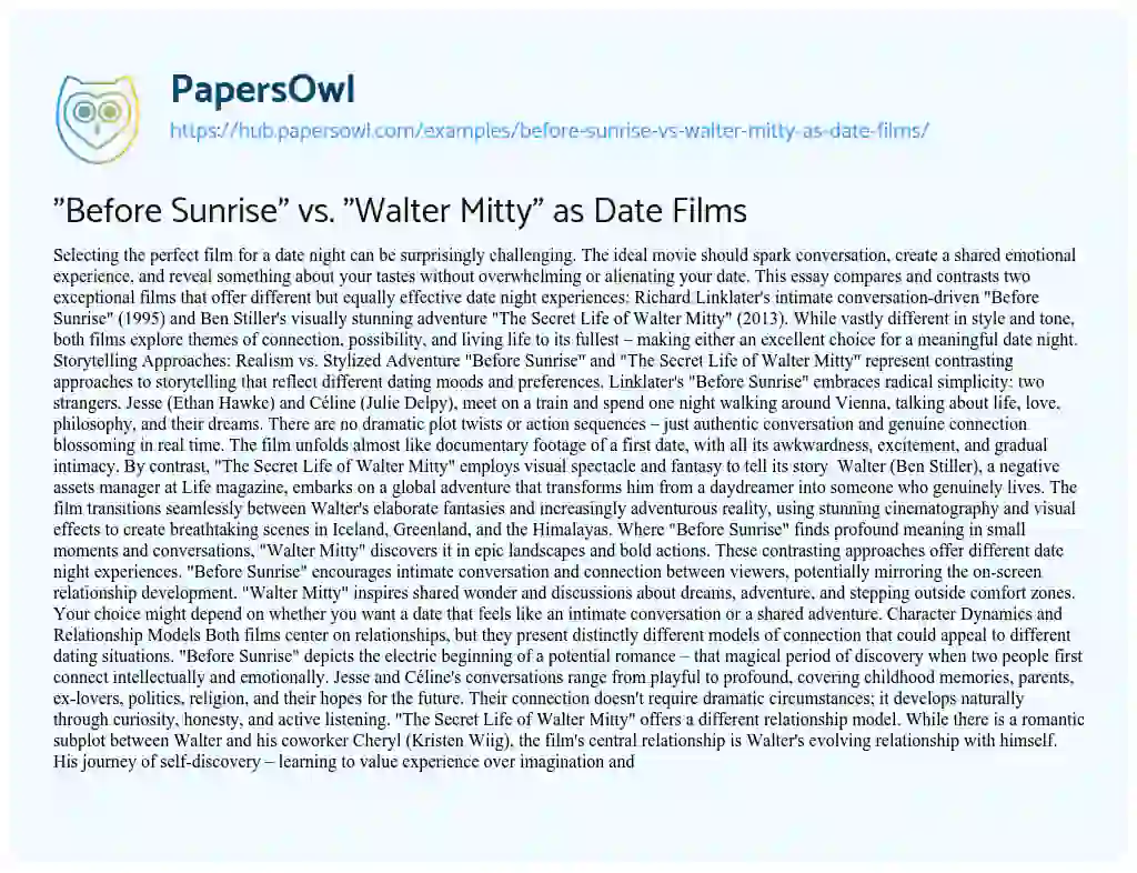 Essay on “Before Sunrise” vs. “Walter Mitty” as Date Films