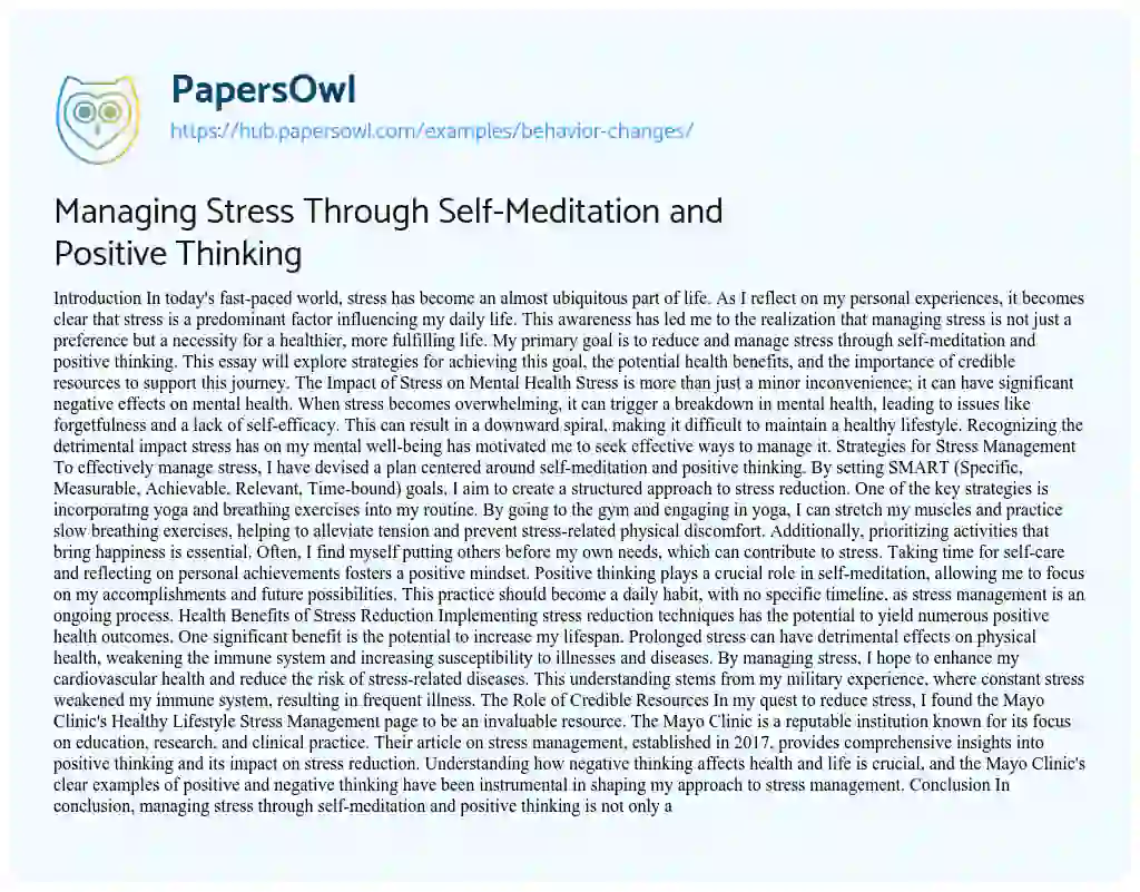 Essay on Managing Stress Through Self-Meditation and Positive Thinking