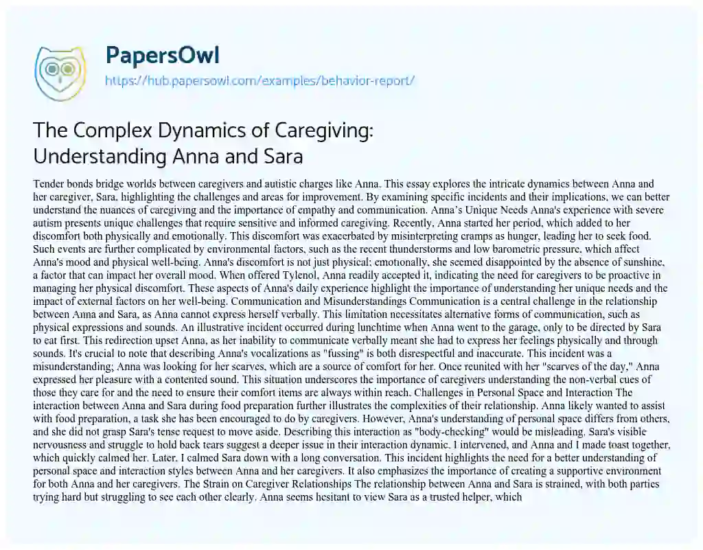 Essay on The Complex Dynamics of Caregiving: Understanding Anna and Sara
