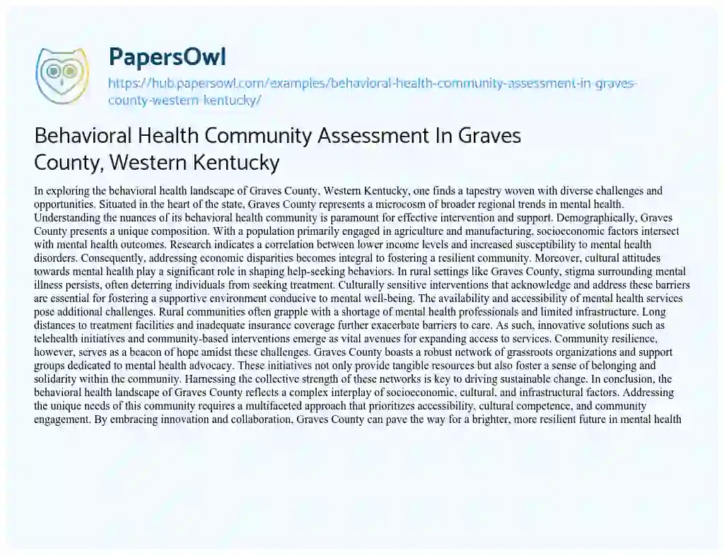 Essay on Behavioral Health Community Assessment In Graves County, Western Kentucky