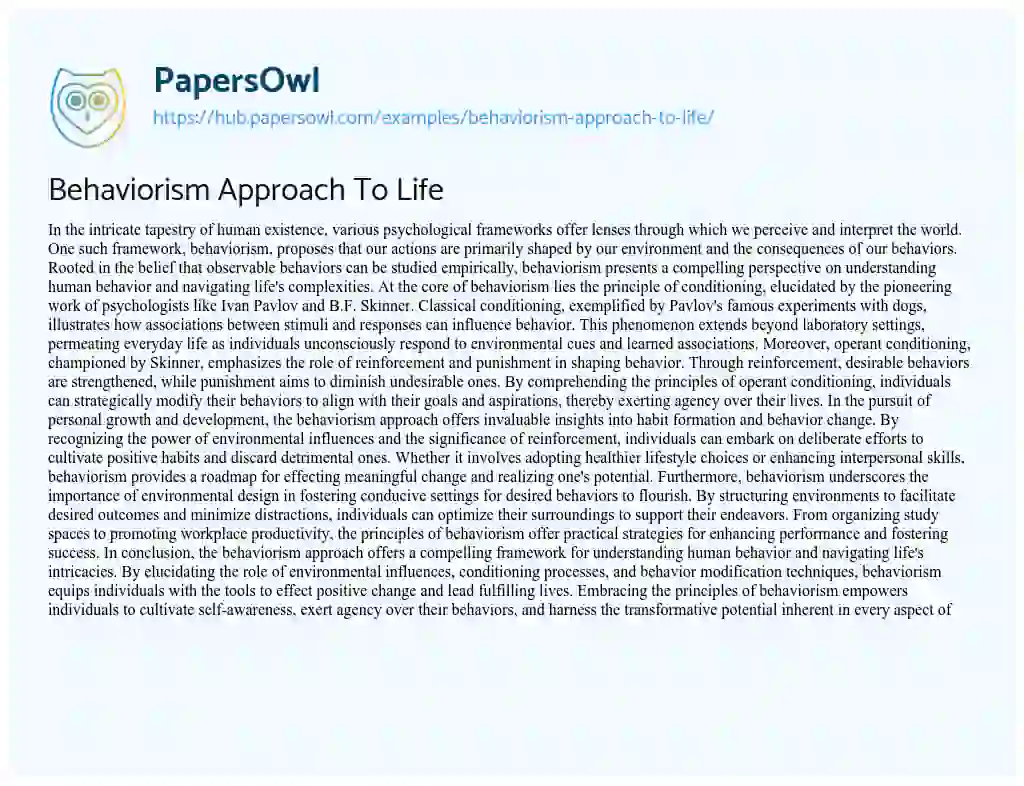 Essay on Behaviorism Approach To Life