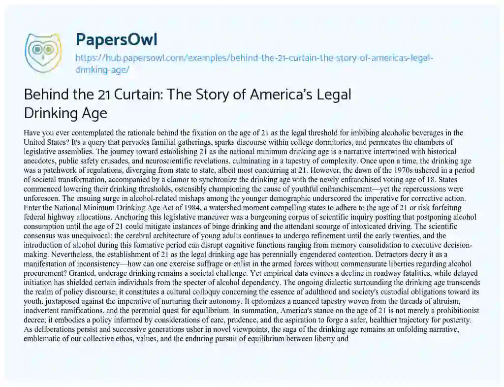 Essay on Behind the 21 Curtain: The Story of America’s Legal Drinking Age