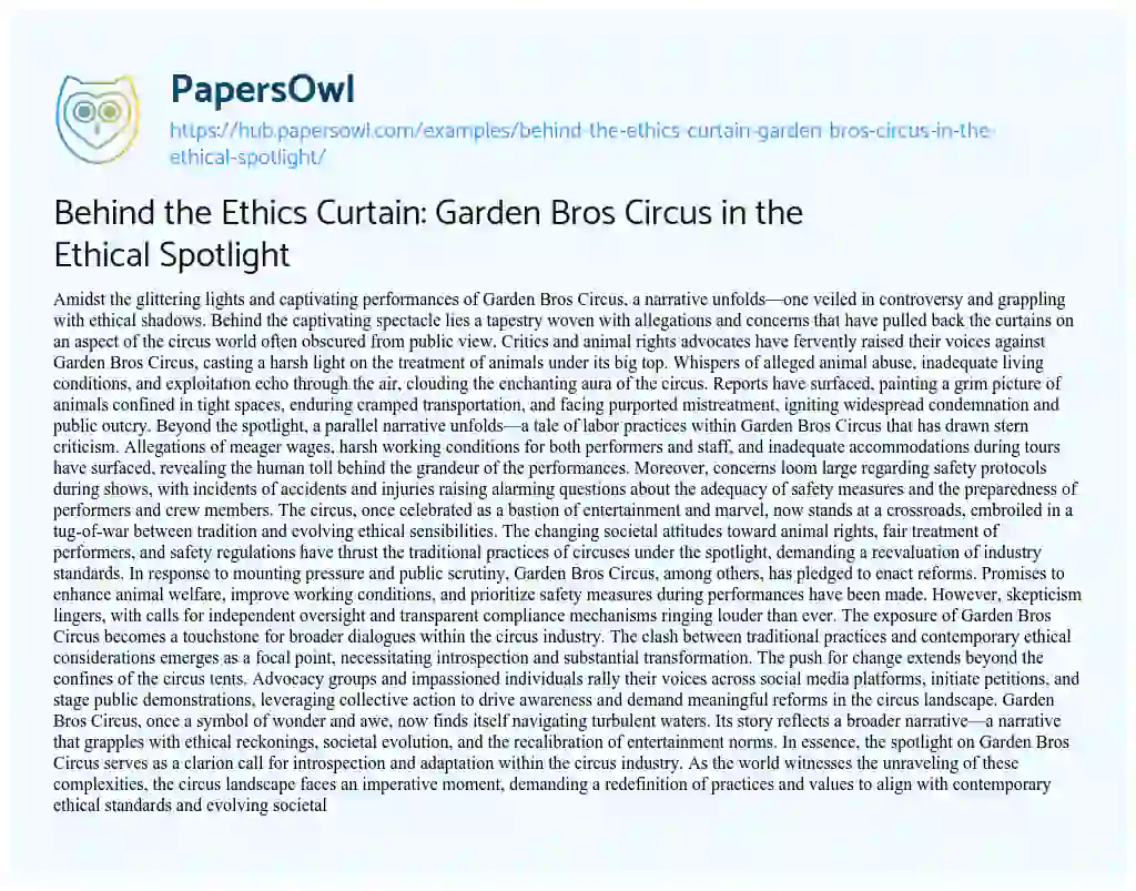 Essay on Behind the Ethics Curtain: Garden Bros Circus in the Ethical Spotlight