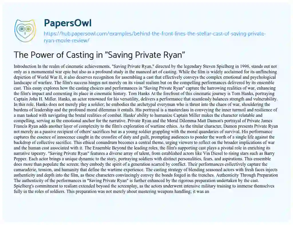 Essay on The Power of Casting in “Saving Private Ryan”
