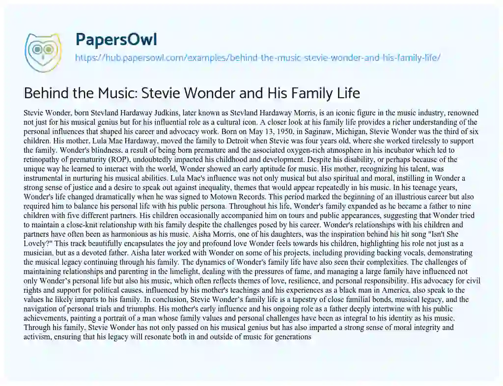 Essay on Behind the Music: Stevie Wonder and His Family Life