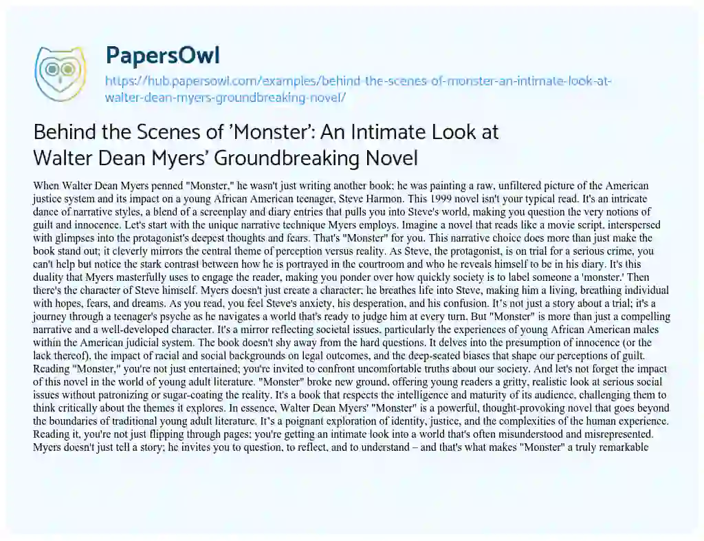 Essay on Behind the Scenes of ‘Monster’: An Intimate Look at Walter Dean Myers’ Groundbreaking Novel