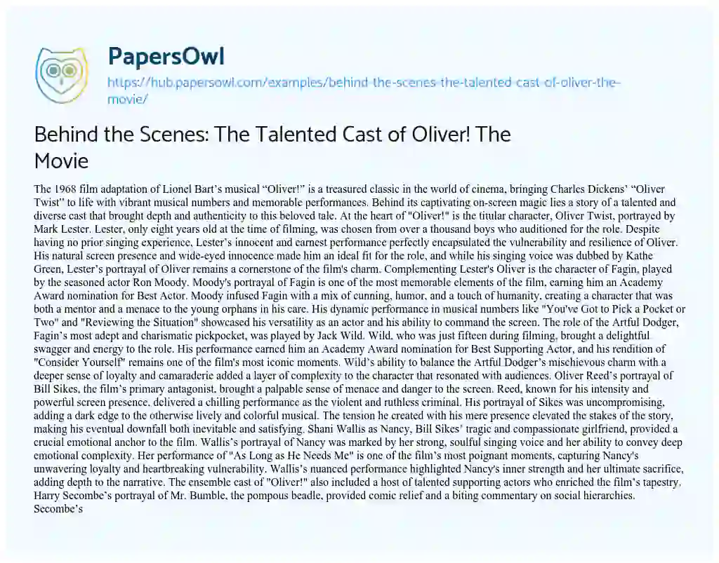 Essay on Behind the Scenes: The Talented Cast of Oliver! The Movie
