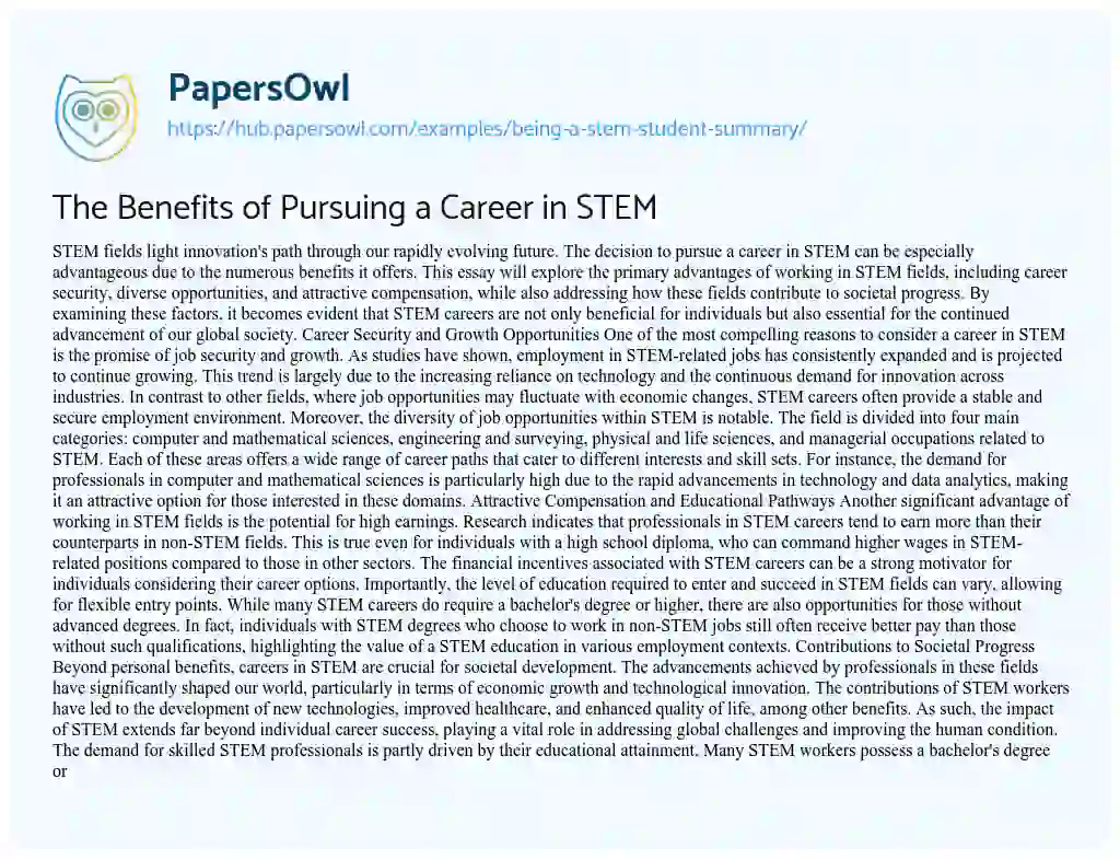 Essay on The Benefits of Pursuing a Career in STEM