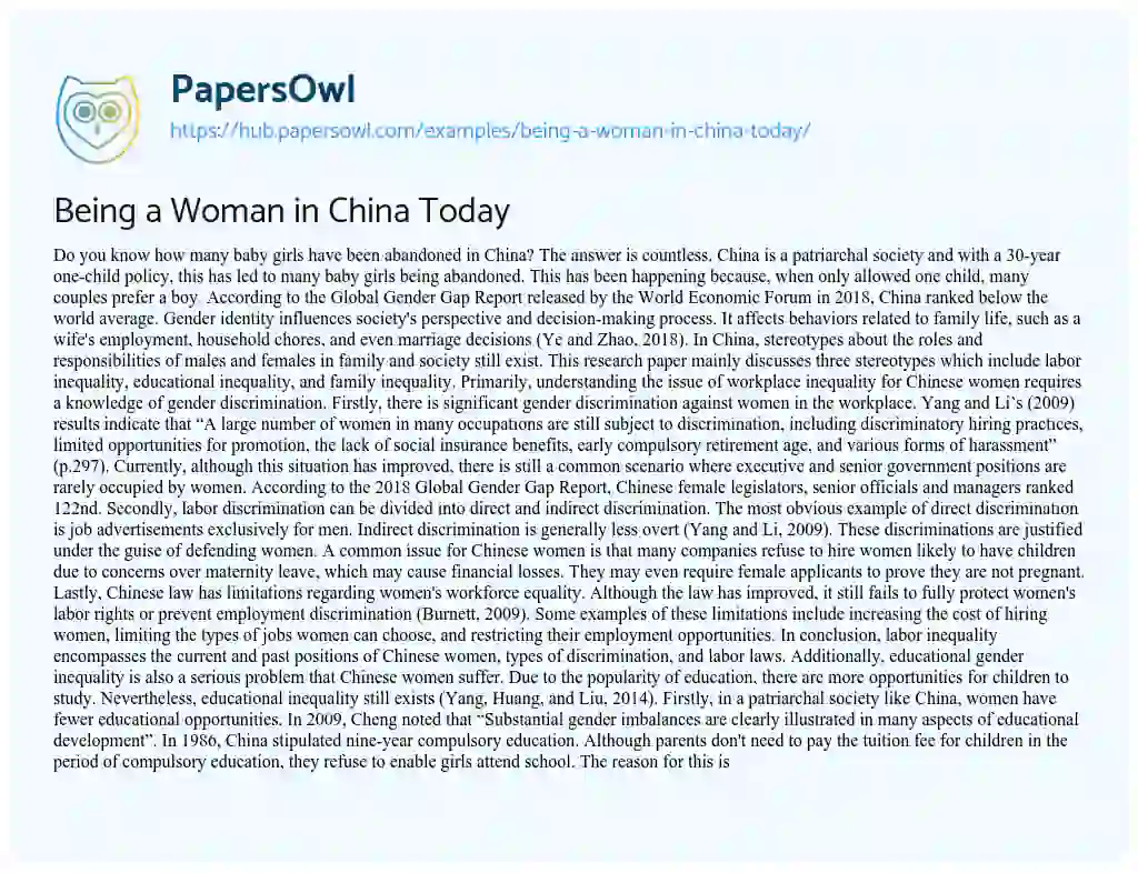 Essay on Being a Woman in China Today
