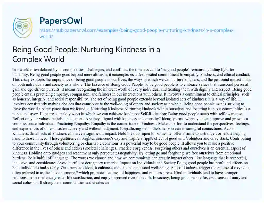 Essay on Being Good People: Nurturing Kindness in a Complex World