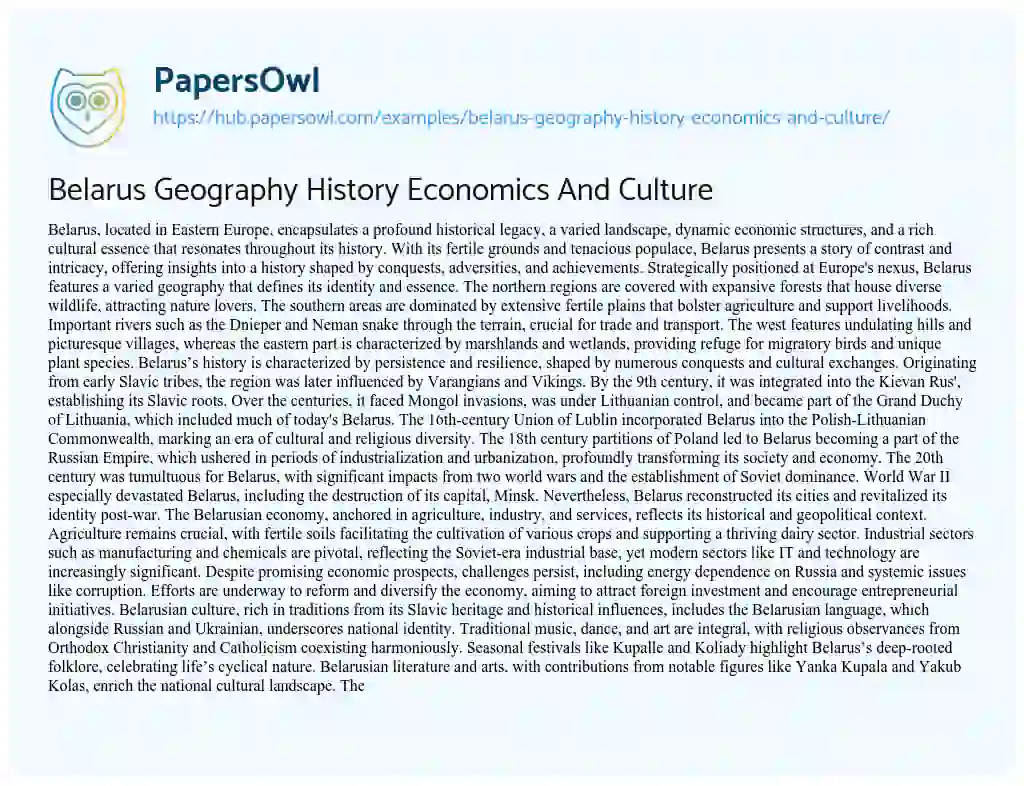 Essay on Belarus Geography History Economics And Culture