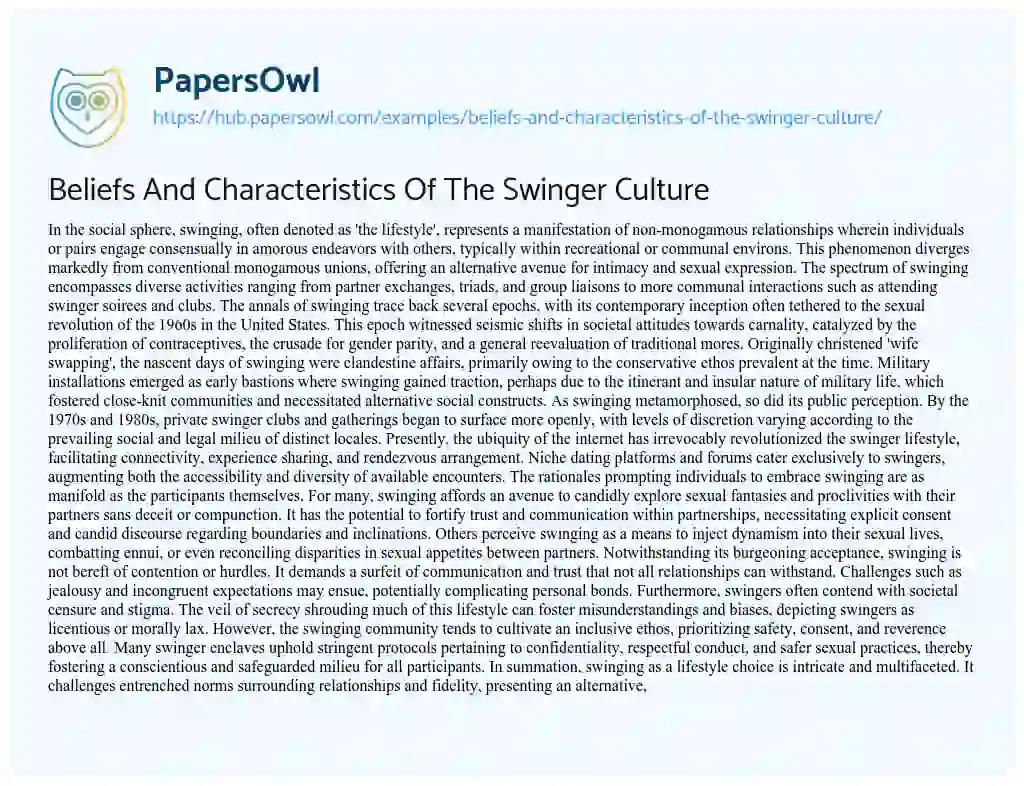 Essay on Beliefs And Characteristics Of The Swinger Culture