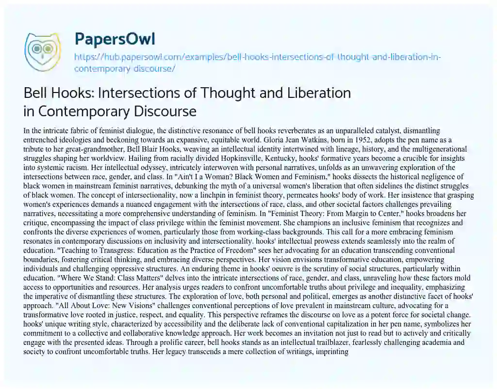 Essay on Bell Hooks: Intersections of Thought and Liberation in Contemporary Discourse