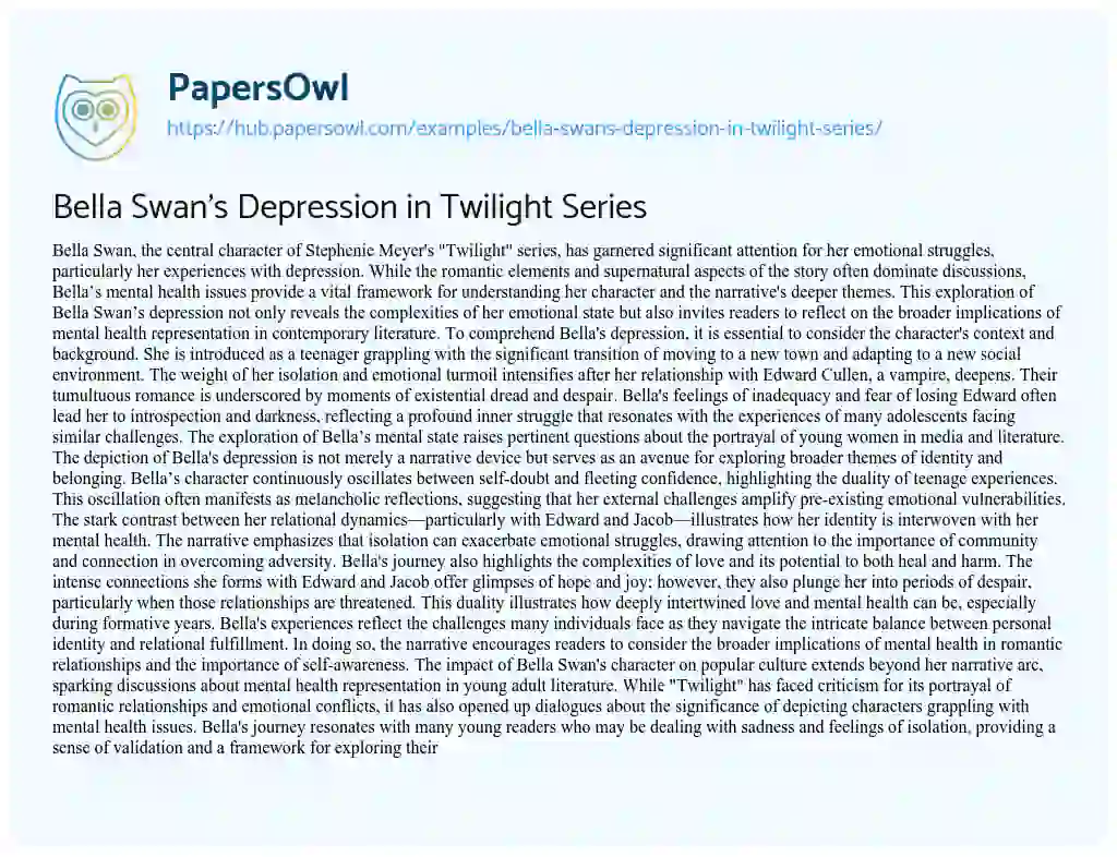 Essay on Bella Swan’s Depression in Twilight Series