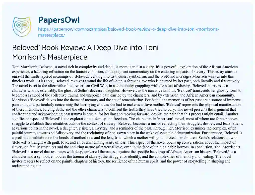 Essay on Beloved’ Book Review: A Deep Dive into Toni Morrison’s Masterpiece